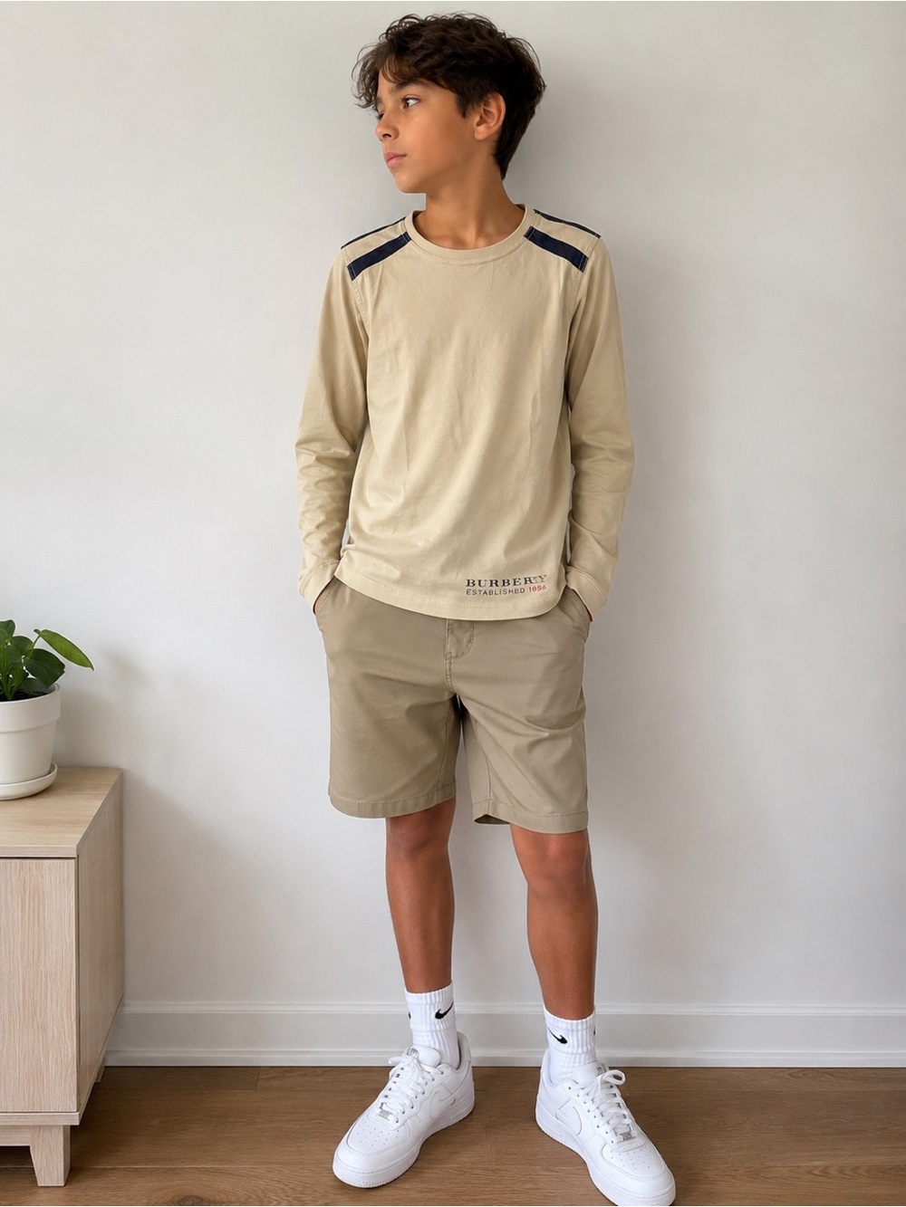 Burberry Boys Beige Long Sleeve Nova Check Trim Logo Tee | Size 12Y